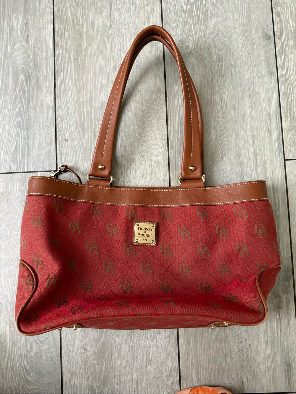 Dooney & Bourke Red and Brown Leather Logo Tote